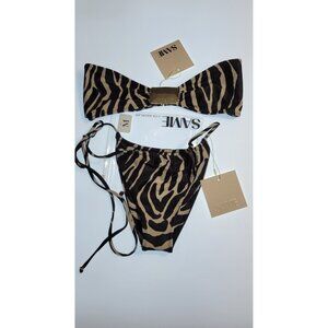 Zebra Print Bandeau Bikini Set in Black and Tan